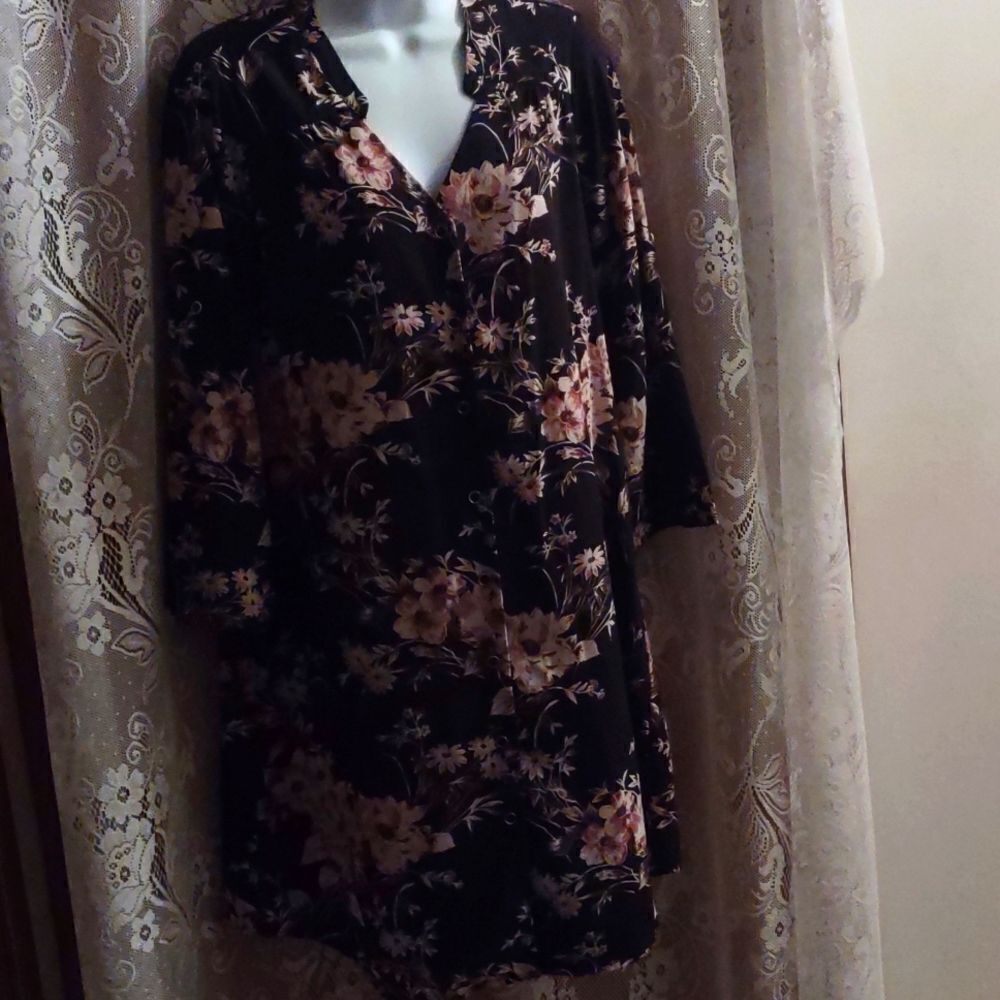 41 Hawthorn Women's Size S Brown Rust Floral 3/4 Sleeve Button Black Tunic Dress